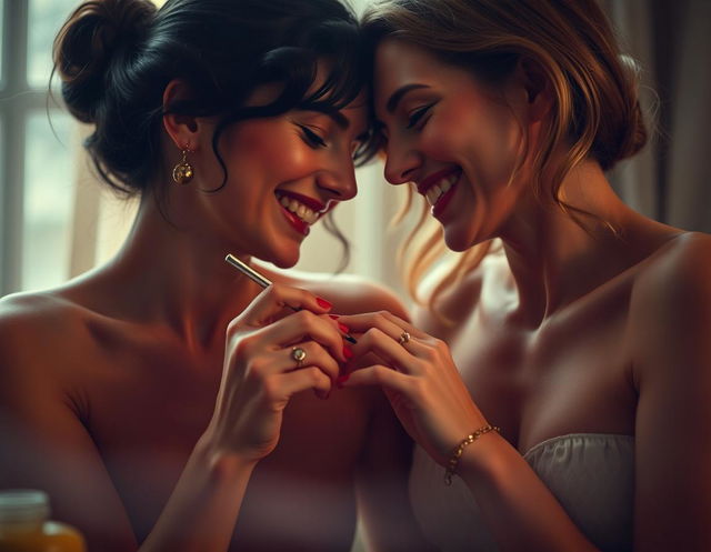 A captivating artistic portrayal of two lesbian women painting each other's nails, infused with elements of eroticism while honoring the French Nouvelle Vague style