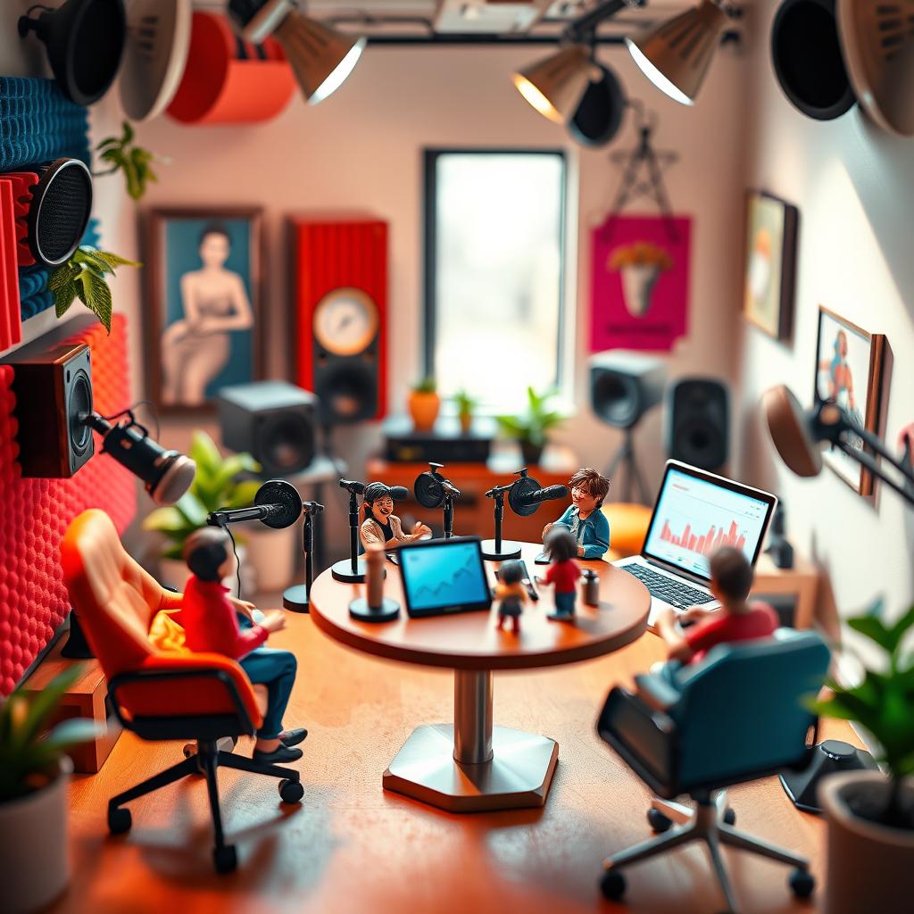 A stylish and modern podcast studio featuring a miniature theme, with tiny microphones, small soundboards, and colorful acoustic panels