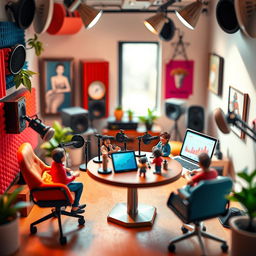 A stylish and modern podcast studio featuring a miniature theme, with tiny microphones, small soundboards, and colorful acoustic panels