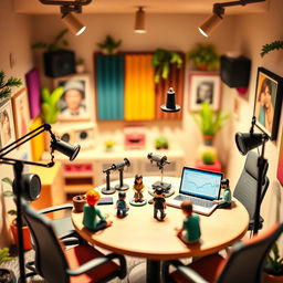 A stylish and modern podcast studio featuring a miniature theme, with tiny microphones, small soundboards, and colorful acoustic panels