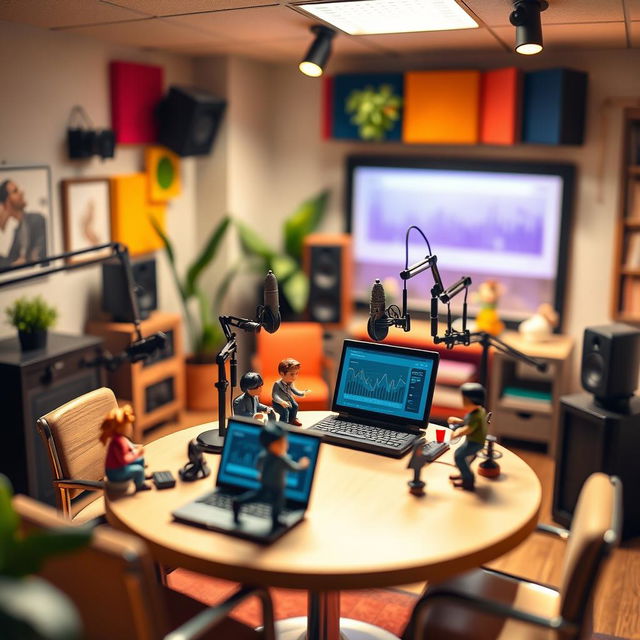 A stylish and modern podcast studio featuring a miniature theme, with tiny microphones, small soundboards, and colorful acoustic panels