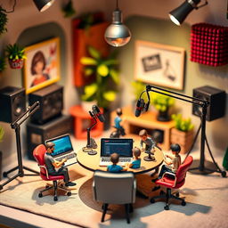 A stylish and modern podcast studio featuring a miniature theme, with tiny microphones, small soundboards, and colorful acoustic panels