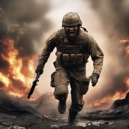 Generate an image of a soldier attacking and screaming in the thick of combat against the enemy, his uniform and skin streaked with sweat, blood, mud, and dirt amid flying shrapnel and flames, capturing the intense realities of war on a chaotic battlefield