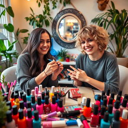 A cozy scene of friends painting each other's nails, surrounded by a vibrant array of nail polish colors