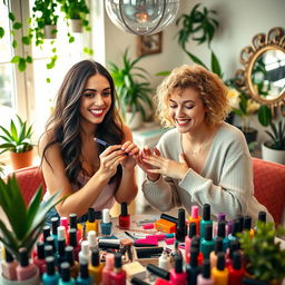 A cozy scene of friends painting each other's nails, surrounded by a vibrant array of nail polish colors