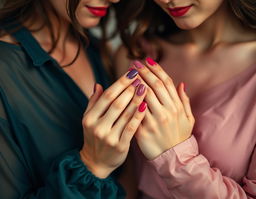 An intimate and artistic representation of two lesbian women painting each other's nails, inspired by the French Nouvelle Vague style, with an undercurrent of eroticism