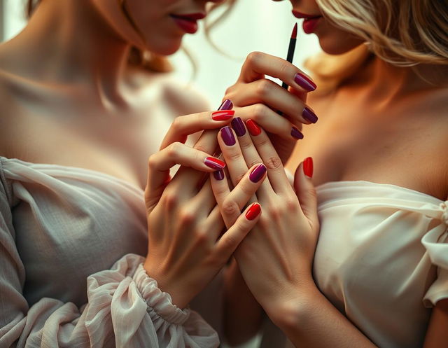 An intimate and artistic representation of two lesbian women painting each other's nails, inspired by the French Nouvelle Vague style, with an undercurrent of eroticism