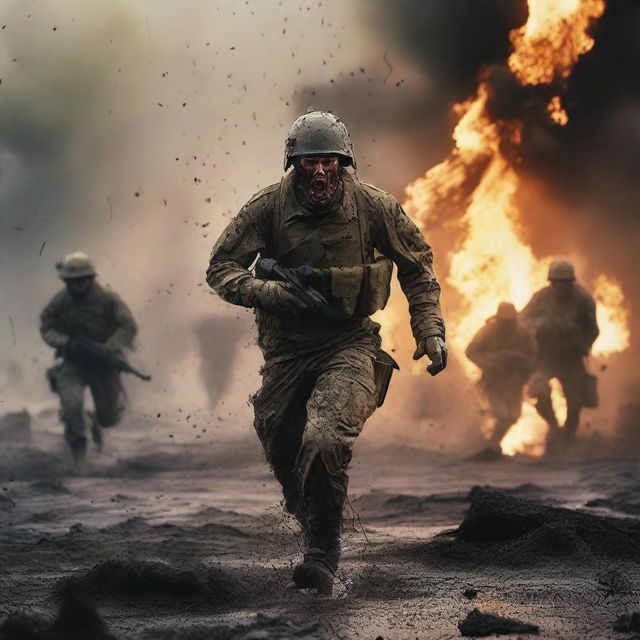 Generate an image of a soldier attacking and screaming in the thick of combat against the enemy, his uniform and skin streaked with sweat, blood, mud, and dirt amid flying shrapnel and flames, capturing the intense realities of war on a chaotic battlefield