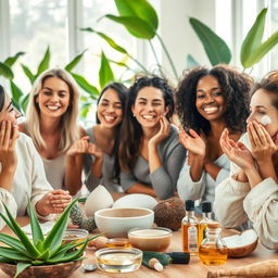 A serene scene featuring a diverse group of women joyfully engaging in a homemade skincare workshop, surrounded by an array of natural ingredients such as aloe vera, coconut oil, honey, and essential oils