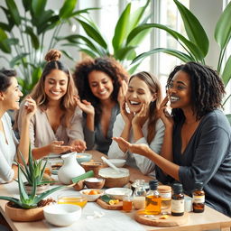 A serene scene featuring a diverse group of women joyfully engaging in a homemade skincare workshop, surrounded by an array of natural ingredients such as aloe vera, coconut oil, honey, and essential oils