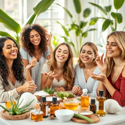 A serene scene featuring a diverse group of women joyfully engaging in a homemade skincare workshop, surrounded by an array of natural ingredients such as aloe vera, coconut oil, honey, and essential oils