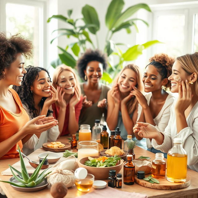 A serene scene featuring a diverse group of women joyfully engaging in a homemade skincare workshop, surrounded by an array of natural ingredients such as aloe vera, coconut oil, honey, and essential oils