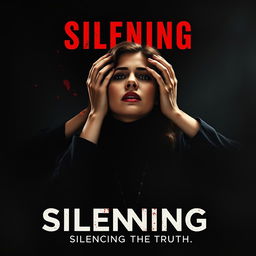 A dramatic movie poster featuring a female journalist at the center, looking terrified but defiant