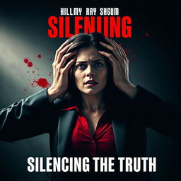 A dramatic movie poster featuring a female journalist at the center, looking terrified but defiant