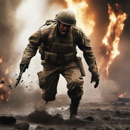 Generate an image of a soldier attacking and screaming in the thick of combat against the enemy, his uniform and skin streaked with sweat, blood, mud, and dirt amid flying shrapnel and flames, capturing the intense realities of war on a chaotic battlefield