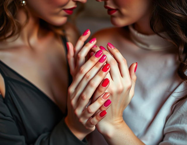 An intimate and artistic portrayal of two lesbian women painting each other's nails with vibrant nail polish, inspired by the French Nouvelle Vague style