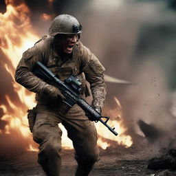 Generate an image of a soldier attacking and screaming in the thick of combat against the enemy, his uniform and skin streaked with sweat, blood, mud, and dirt amid flying shrapnel and flames, capturing the intense realities of war on a chaotic battlefield