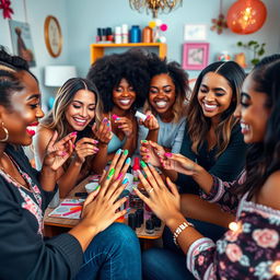 A vibrant scene of friends enjoying a fun afternoon together, painting each other's nails artistically with various colorful nail polishes