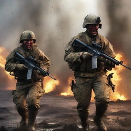 Generate an image of soldiers attacking and screaming in the thick of combat against the enemy, their uniforms and skin streaked with sweat, blood, mud, and dirt amid flying shrapnel and flames, capturing the intense realities of war on a chaotic battlefield