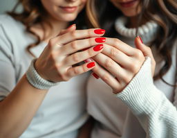 An intimate scene of two lesbian women painting each other's nails with vibrant red nail polish, focusing entirely on their hands and the intricate details of the nail painting process