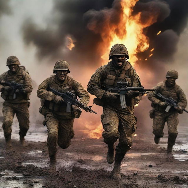 Generate an image of soldiers attacking and screaming in the thick of combat against the enemy, their uniforms and skin streaked with sweat, blood, mud, and dirt amid flying shrapnel and flames, capturing the intense realities of war on a chaotic battlefield