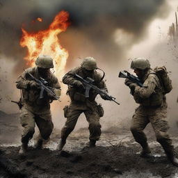 Generate an image of soldiers attacking and screaming in the thick of combat against the enemy, their uniforms and skin streaked with sweat, blood, mud, and dirt amid flying shrapnel and flames, capturing the intense realities of war on a chaotic battlefield