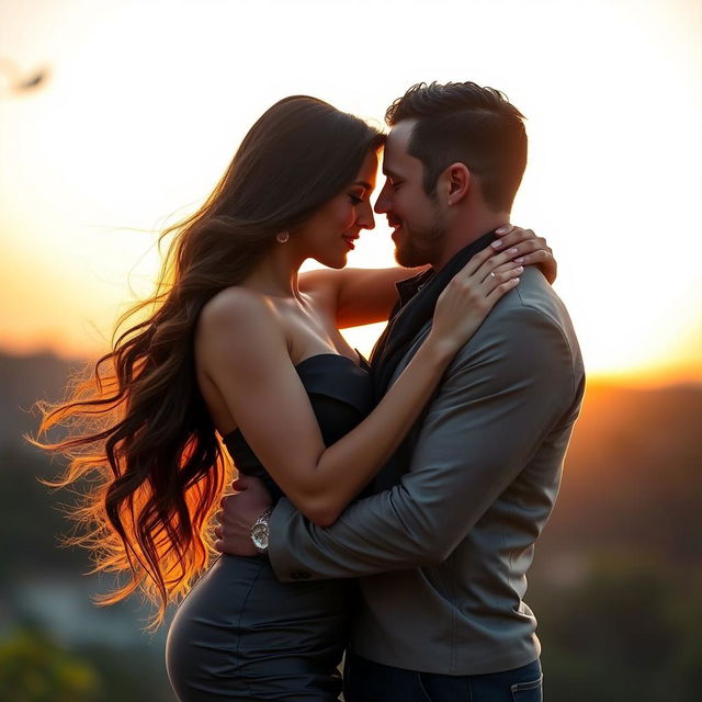 A stunning couple embracing in a romantic setting, both exuding confidence and charm