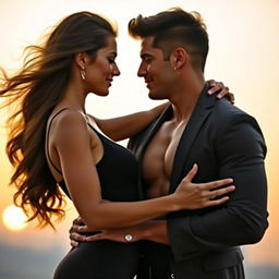 A stunning couple embracing in a romantic setting, both exuding confidence and charm