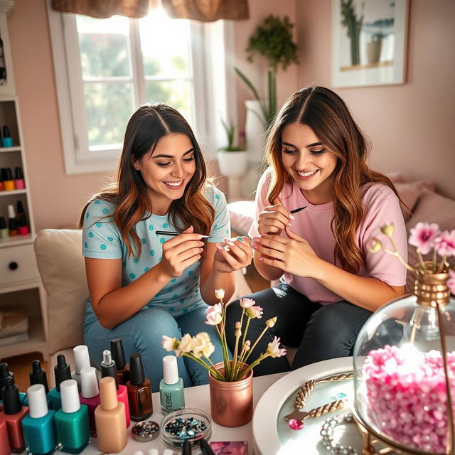 Two friends sitting together in a cozy and brightly lit room, painting each other's nails with artistic designs