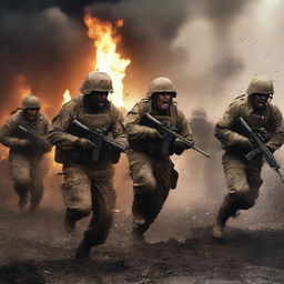 Generate an image of soldiers attacking and screaming in the thick of combat against the enemy, their uniforms and skin streaked with sweat, blood, mud, and dirt amid flying shrapnel and flames, capturing the intense realities of war on a chaotic battlefield