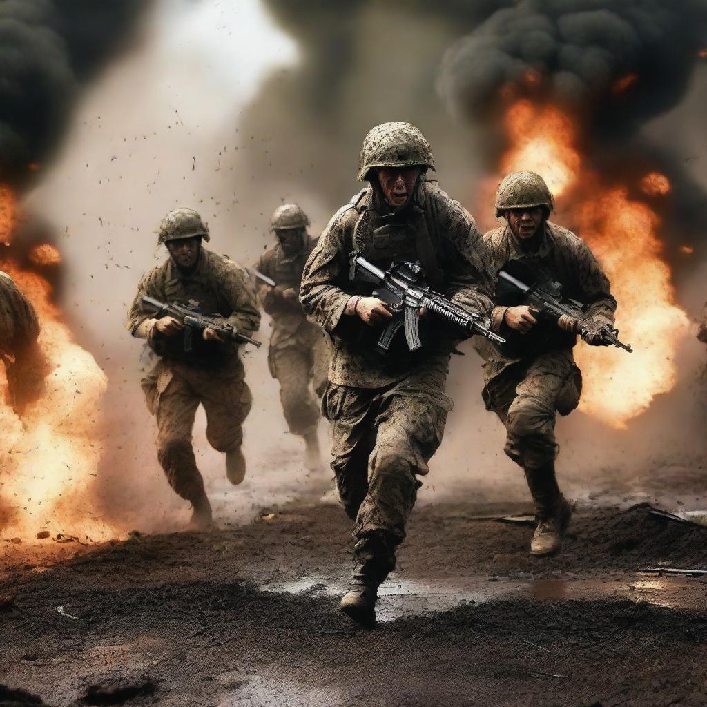 Generate an image of soldiers attacking and screaming in the thick of combat against the enemy, their uniforms and skin streaked with sweat, blood, mud, and dirt amid flying bullets and flames, capturing the intense realities of war on a chaotic battlefield