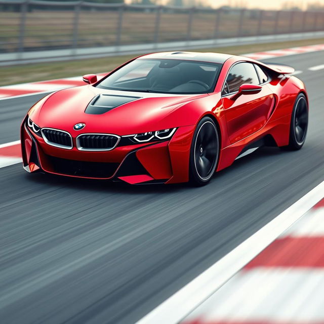 A striking digital rendering of a racing red futuristic German BMW racecar in a Targa configuration