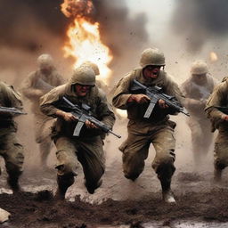 Generate an image of soldiers attacking and screaming in the thick of combat against the enemy, their uniforms and skin streaked with sweat, blood, mud, and dirt amid flying bullets and flames, capturing the intense realities of war on a chaotic battlefield