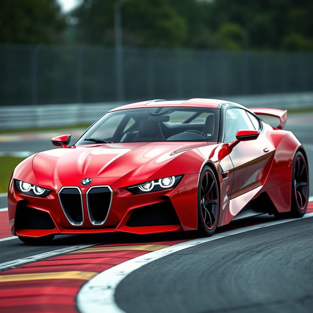 A striking digital rendering of a racing red futuristic German BMW racecar in a Targa configuration