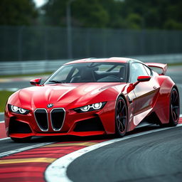 A striking digital rendering of a racing red futuristic German BMW racecar in a Targa configuration