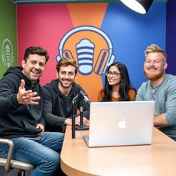 A vibrant and engaging scene set in a podcast studio, featuring four young adults sitting around a table