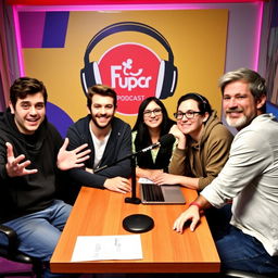 A vibrant and engaging scene set in a podcast studio, featuring four young adults sitting around a table