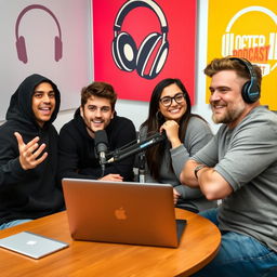 A vibrant and engaging scene set in a podcast studio, featuring four young adults sitting around a table