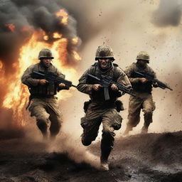 Generate an image of soldiers attacking and screaming in the thick of combat against the enemy, their uniforms and skin streaked with sweat, blood, mud, and dirt amid flying bullets and flames, capturing the intense realities of war on a chaotic battlefield