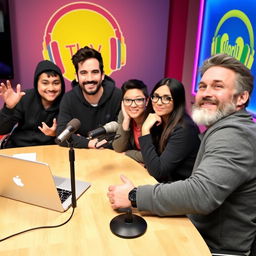 A vibrant and engaging scene set in a podcast studio, featuring four young adults sitting around a table