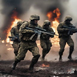 Generate an image of soldiers attacking and screaming in the thick of combat against the enemy, their uniforms and skin streaked with sweat, blood, mud, and dirt amid flying bullets and flames, capturing the intense realities of war on a chaotic battlefield