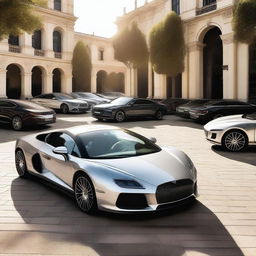 An image showcasing an array of luxury cars, parked in a high-end location