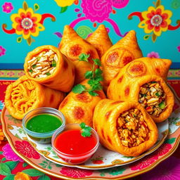 A vibrant and colorful depiction of traditional Indonesian cireng isi, showcasing various filling options such as shredded chicken, vegetables, and spicy sambal, all enveloped in a crispy, golden-brown exterior