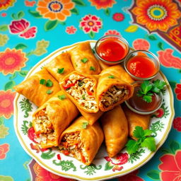 A vibrant and colorful depiction of traditional Indonesian cireng isi, showcasing various filling options such as shredded chicken, vegetables, and spicy sambal, all enveloped in a crispy, golden-brown exterior