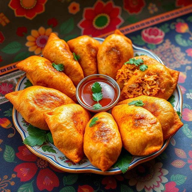 A vibrant and colorful depiction of traditional Indonesian cireng isi, showcasing various filling options such as shredded chicken, vegetables, and spicy sambal, all enveloped in a crispy, golden-brown exterior