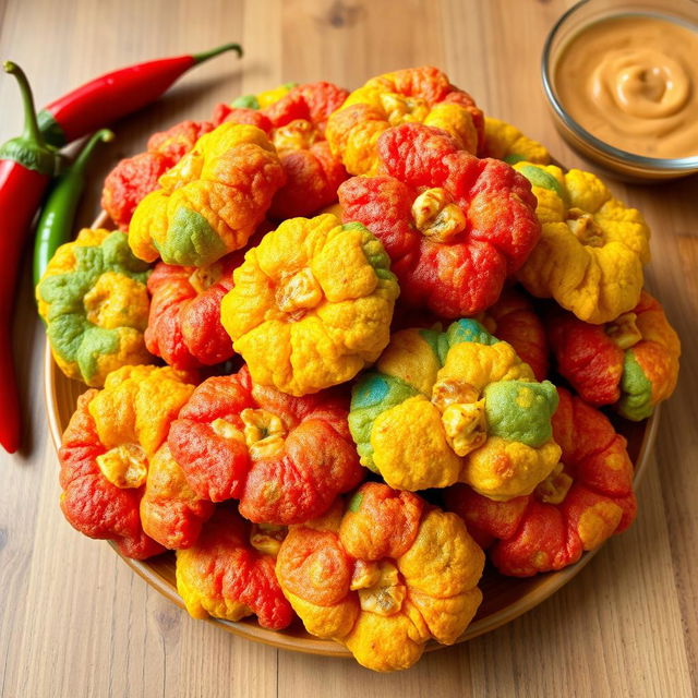 A vibrant display of colorful cireng, a traditional Indonesian snack made from tapioca flour, with a variety of fillings