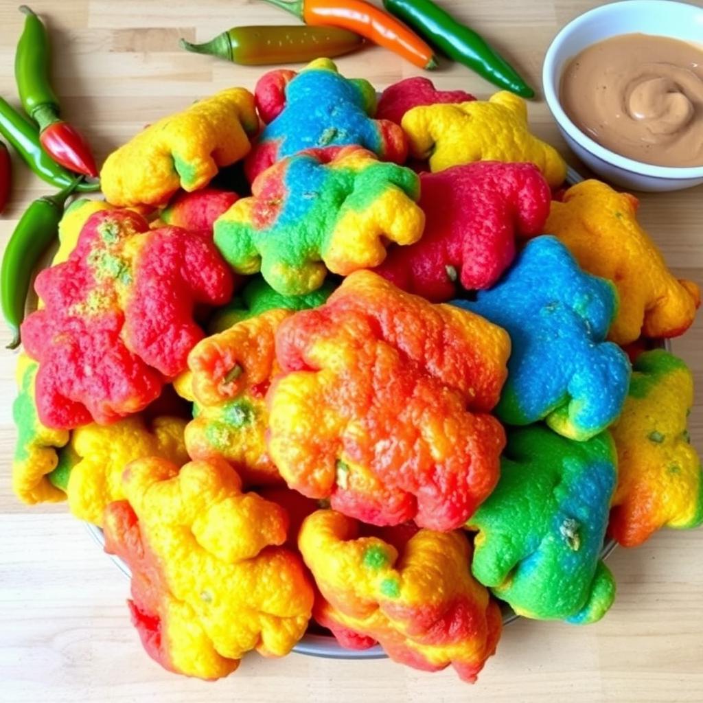A vibrant display of colorful cireng, a traditional Indonesian snack made from tapioca flour, with a variety of fillings