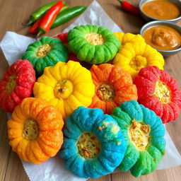 A vibrant display of colorful cireng, a traditional Indonesian snack made from tapioca flour, with a variety of fillings