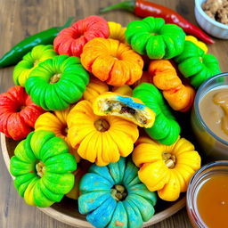 A vibrant display of colorful cireng, a traditional Indonesian snack made from tapioca flour, with a variety of fillings