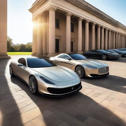 An image showcasing an array of luxury cars, parked in a high-end location